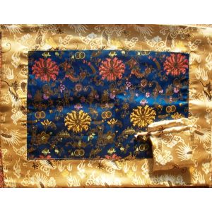 Turquoise Golden Lotuses & Gold Dragons Silk Brocade Puja Table Cloth