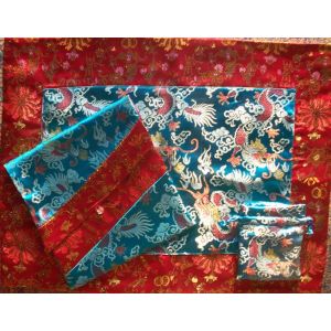 Turquoise Dragons & Red Golden Lotuses Silk Brocade Puja Table Cloth