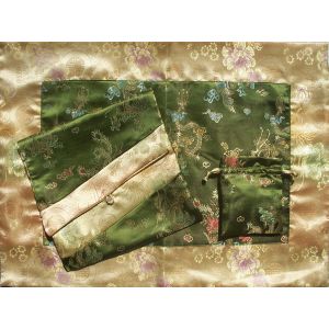 Olive Dragons & Gold Medallions Silk Brocade Puja Table Cloth