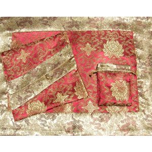 Burgundy Lotuses & Tan Dragons Silk Brocade Puja Table Cloth 