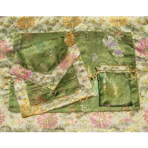 Olive Medallions & Tan Golden Lotuses Silk Brocade Puja Table Cloth 