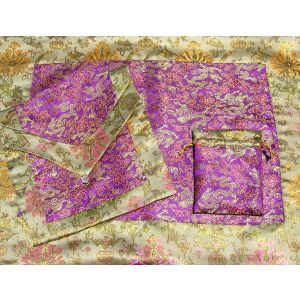 Purple Dragons & Tan Golden Lotuses Silk Brocade Puja Table Cloth