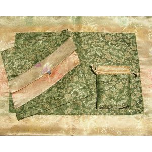 Olive Dragons & Tan Medallions Silk Brocade Puja Table Cloth