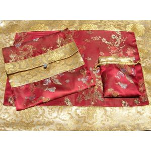 Burgundy Dragons & Gold Lotus Flowers Silk Brocade Puja Table Cloth