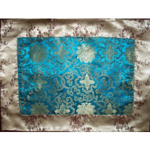 Turquoise Lotus Flowers & Gold Blossoms Silk Brocade Puja Table Cloth