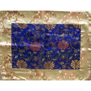 Blue Golden Lotuses & Gold Blossoms Silk Brocade Puja Table Cloth