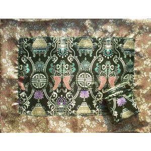 Olive Auspicious Symbols & Tan Dragons Silk Brocade Puja Table Cloth 