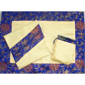Yellow Roses & Blue Golden Lotuses Silk Brocade Puja Table Cloth