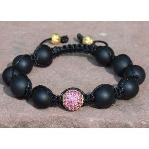 Pink CZ's Pavé Shamballa Bracelet with Onyx & Gold