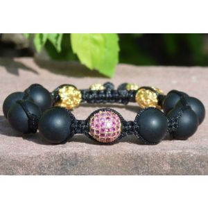 Onyx and Pink CZ's Pavé Shamballa Macrame Bracelet with Rolled Gold
