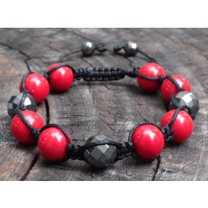 Red Coral & Hematite Shamballa Bracelet